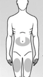 Siluetta schematica del tronco e delle gambe maschili con aree grigie evidenziate sull'addome e su entrambe le cosce