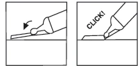 Due illustrazioni in bianco e nero che mostrano una mano che preme su un dispositivo medico, con nella seconda illustrazione la scritta CLICK a indicare l'azione di cliccare