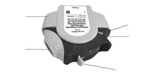 Inhalador blanco y negro que contiene 100 mcg de fluticasona y 50 mcg de salmeterol, con etiqueta y líneas que indican las distintas partes del dispositivo