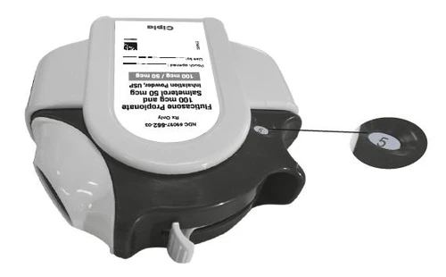 White-gray Cipla dry powder inhaler with a label showing fluticasone and salmeterol, and a black cap with a white number 5 on the right side
