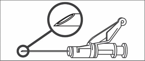 Dibujo esquemático de una jeringa con aguja y círculo ampliado que muestra la punta afilada y cortada de la aguja, así como el mecanismo de bloqueo del dispositivo