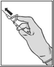 Una mano con guante sosteniendo una jeringa en ángulo, y una flecha negra indica la dirección de extracción de la aguja del cuerpo