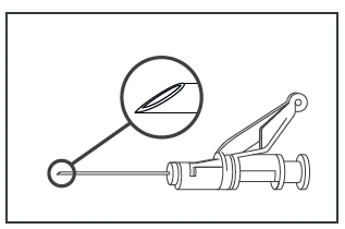 Dibujo esquemático de una jeringa con una aguja fina, con un aumento que muestra la punta afilada de la aguja y su perfil