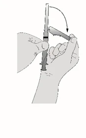 Two hands holding a syringe, one hand stabilizing the barrel while the other performs a downward twisting motion following the direction of a black arrow