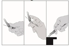 Three illustrations showing a hand holding a syringe, first in a horizontal position, then vertically, and finally applying it to a surface