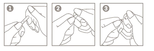Three instructional drawings showing hands preparing a small test strip by bending and separating it into parts in three steps