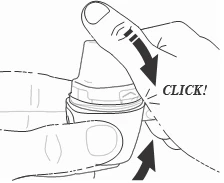 Hand pressing with thumb on the upper part of a medical device, causing a characteristic click indicated by arrows and the word CLICK