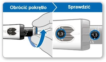 Ingrandimento della mano che ruota la manopola del dispositivo medico con scala di dosaggio visibile e confronto tra le impostazioni 1,3 e 1,4