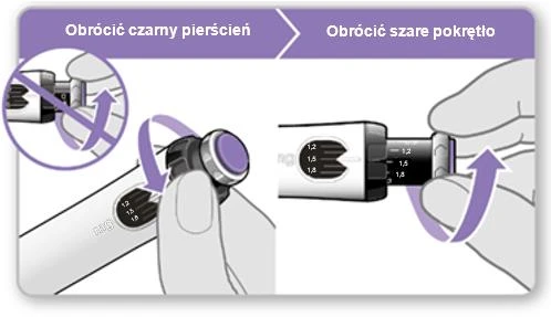 Istruzioni per ruotare l'anello nero e la manopola grigia nel dispositivo medico, illustrate con disegni di mani e frecce direzionali