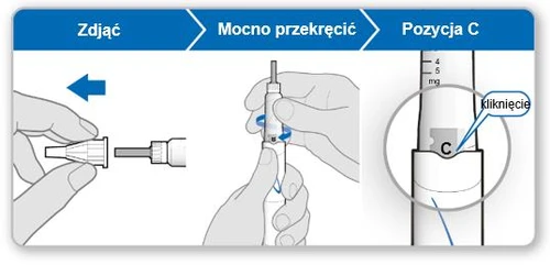 Istruzioni per l'uso del farmaco: immagine del tappo, forte rotazione del dispositivo e ingrandimento sulla posizione C con evidenziato il suono del clic