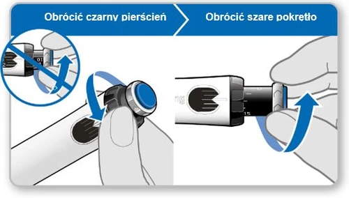 Istruzioni per ruotare l'anello nero verso il basso e la manopola grigia verso l'alto con le dita per preparare il dispositivo medico