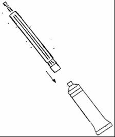 Dibujo esquemático que muestra el enroscado o desenroscado de la parte superior de un inyector largo y cilíndrico, indicando con una flecha la dirección del movimiento