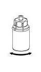 Disegno schematico di un imballaggio cilindrico di un farmaco con tappo e due frecce che indicano il senso di rotazione alla base dell'oggetto