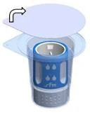 A blue cap with a black arrow indicating the direction of removing the top part from the blue dispenser with white droplets and gray base