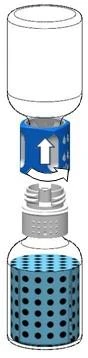 Schematic layout of components: a white top part, a blue ring with an upward-pointing arrow, and a glass vial with a blue cap having openings