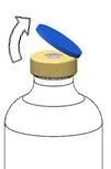 Ilustración que muestra un frasco blanco con tapón amarillo, del que se levanta una tapa azul indicada por una flecha curva