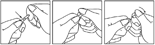 Tre disegni che mostrano mani che staccano un frammento di confezione plastica del farmaco piegando e separando due parti del materiale