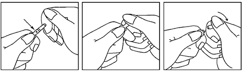 Tre disegni che mostrano le mani durante la preparazione del farmaco: prima si tiene l'imballaggio, poi si preme e infine si flette la parte seguendo la freccia