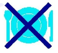 Icono azul de un plato, tenedor y cuchara tachados con una gran cruz azul oscuro sobre fondo blanco