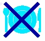 Icono azul de un plato, tenedor y cuchillo tachados por una gran cruz azul oscuro que simboliza prohibición de comer