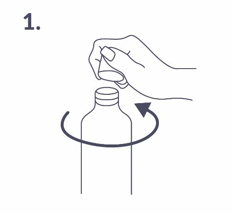 Hand holding a cap that needs to be unscrewed with a rotational motion from the bottle, as indicated by an arrow pointing clockwise around the bottle neck