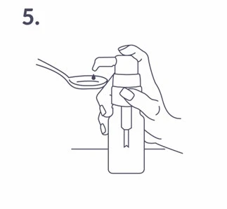Hand holding a bottle with a pump, from which a single drop of liquid falls into a spoon placed alongside; the number '5' is shown nearby