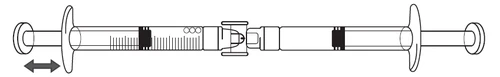 Dibujo esquemático de dos partes de una jeringa que se unen en un punto central, con una flecha que indica el movimiento del émbolo en la parte izquierda
