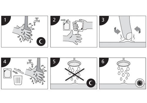 Six instructional diagrams: hand washing, preparing the vial, pressing the plunger, disposing of waste, and prohibition of washing the injection site under the shower