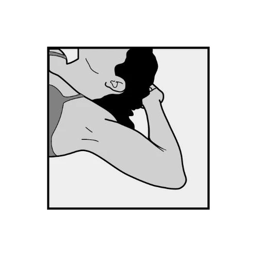 Black-and-white graphic depicting a woman in profile with hand applied to face and arm directed toward the viewer