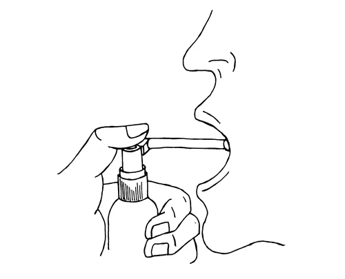 Drawing of a person's face in profile holding an inhaler at the mouth to take a dose of medication