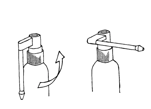 Schematic instruction for turning the bottle cap, showing the change in position of the lever from vertical to horizontal by rotating the arrow