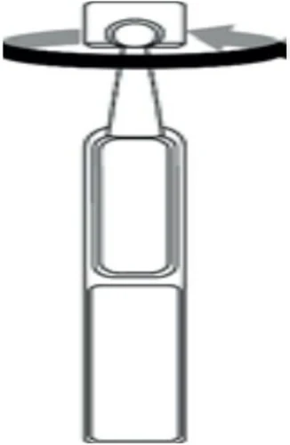 Instrucción esquemática en blanco y negro que muestra cómo girar una tapa o elemento superior de una botella en la dirección indicada por una flecha curva