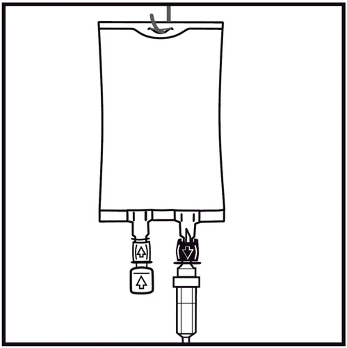 Disegno schematico di una sacca verticale per liquido medico con due valvole in basso, di cui una dotata di freccia diretta verso il basso