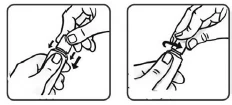 Two hands holding a medicine vial, with arrows indicating sliding and twisting motions to open the cap