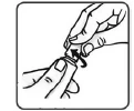 Two hands holding a medicine vial, one hand performing a rotational motion indicated by a black arrow to unscrew the cap or stopper