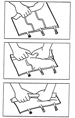 Three illustrations showing hands rolling and shaping a flexible bag with tubes and valves to prepare the medication