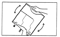 Two hands holding and rotating a rectangular product package up and down, indicated by two curved arrows showing the motion