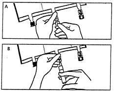 Two black-and-white instructions A and B showing hands preparing a syringe with a needle and the process of drawing medication into it