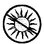 Black and white symbol of a circular sun with rays, crossed out by a diagonal line inside a thick circle, indicating prohibition of exposure to sunlight