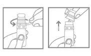 Two illustrations showing unscrewing the top part of the medication vial in the left panel and lifting it upwards in the right panel