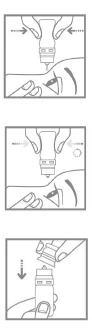 Three diagrams showing instructions for using the injector: pressing the device against the skin, pressing the button, and removing the empty housing