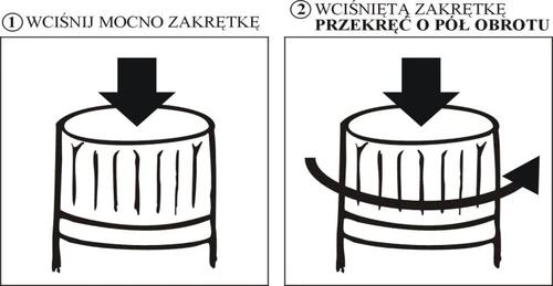 Two instructional diagrams: the first shows a black arrow pressing down on a bottle cap, the second shows a downward pressure arrow and a rotational arrow for the cap
