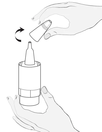 Mano sosteniendo un pequeño recipiente e insertándolo en la parte superior de un dispositivo más grande, con una flecha curva que indica el movimiento rotatorio para acoplar las piezas