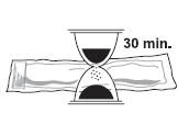 Black hourglass with sand flowing, placed on a white bandage next to the text '30 min' indicating waiting time