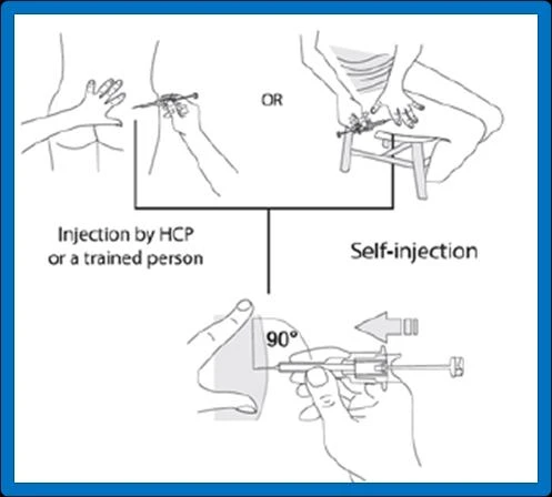 Diagram showing three methods of drug administration: by a healthcare specialist, self-administration, and injection at a 90-degree angle into body tissue