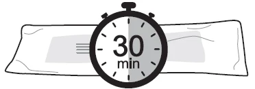 Icona di un timer con la scritta 30 min sovrapposta a un disegno di una fascia bianca o una medicazione posizionata su una superficie piana