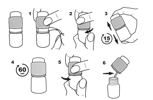 Six-step instructional diagram showing hands unscrewing, inverting, shaking, and pouring liquid from a vial into a container