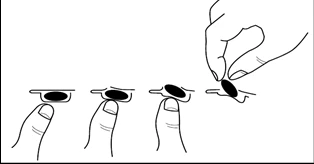 Schematic instruction for removing the tablet's label, showing successive steps of lifting the edge of the tablet with fingers