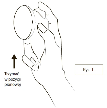 Illustration showing a hand holding a device in an upright position, indicated by an upward-pointing arrow and the text 'Hold in upright position'