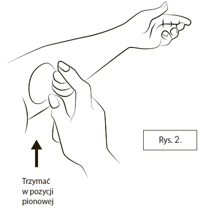 Illustration showing a hand holding a round patch on the arm of a raised hand, with a black upward-pointing arrow and text in Polish